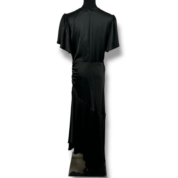 Chelsea28 Black Satin Flutter Sleeve Asymmetric Maxi Length Dress Womens Size M - Picture 8 of 11
